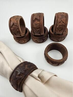 Set of 8 Vintage Wooden Napkin Rings with Floral Carvings Made in India Boho